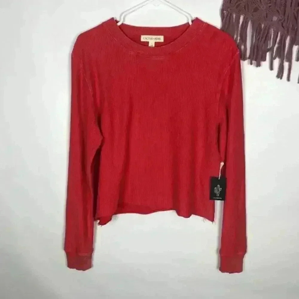Cactus + Pearl Red Distress‎ Crop Sweater Large